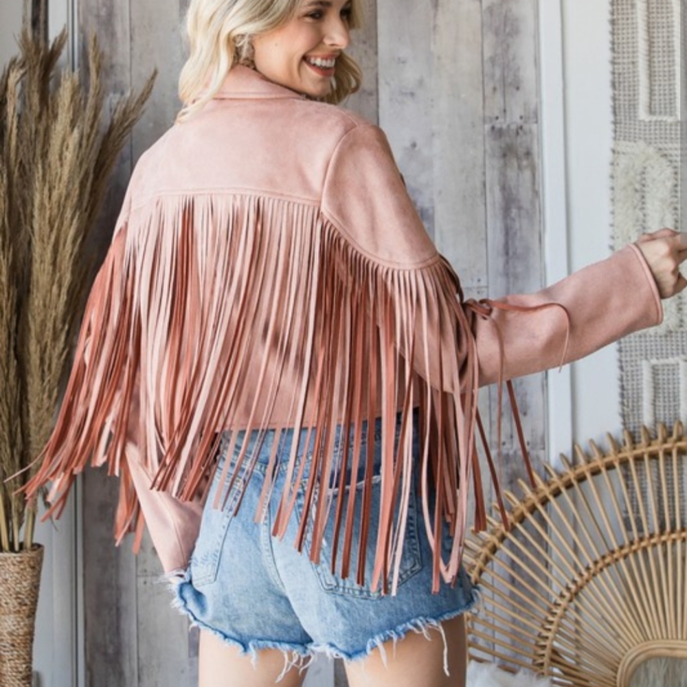 Pink Western Cropped Fringe Jacket - Picture 3 of 3